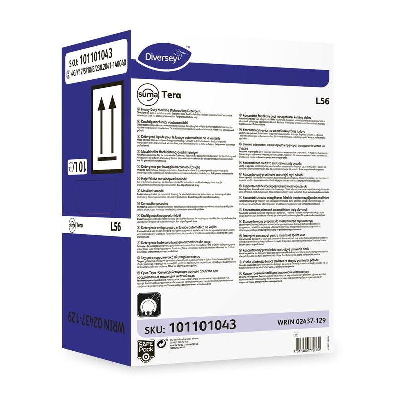 Una scatola bianco-viola con la scritta "Diversey Suma Tera L56, Detergente per stoviglie ad alta concentrazione per acqua dura" di Diversey Deutschland GmbH & Co. OHG con dettagli del prodotto, informazioni di sicurezza, codici a barre, frecce, SKU 101101043 e WRIN 02437-129.