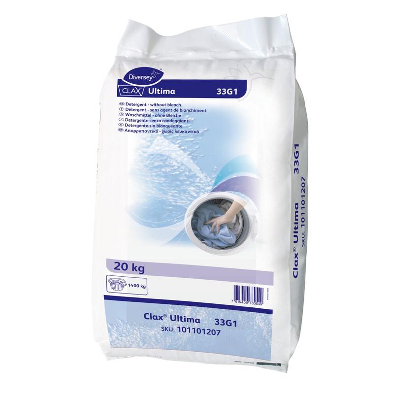 Un sacco da 20 kg di Clax Ultima 33G1, detergente enzimatico per prelavaggio e lavaggio a colori di Diversey Deutschland GmbH & Co. OHG - Ideale per lavanderie commerciali e rimozione efficace delle macchie.