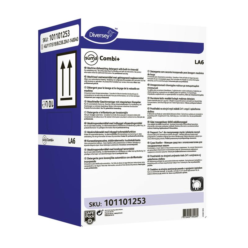 Una scatola rettangolare bianca con accenti viola e neri, etichettata con "Diversey Suma Combi+ LA6, Detergente combinato e brillantante per acqua mediamente dura" di Diversey Deutschland GmbH & Co. OHG, con dettagli, istruzioni, un codice a barre e SKU 101101253.