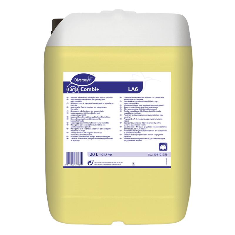 Un grande contenitore giallo da 20 litri Diversey Suma Combi+ LA6, un detergente combinato e brillantante per acqua mediamente dura di Diversey Deutschland GmbH & Co. OHG, con un'etichetta bianca con testo blu e istruzioni per l'uso.