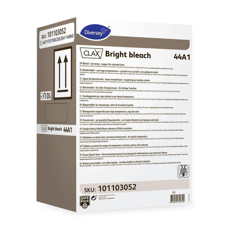 Ein rechteckiger Behälter mit der Aufschrift „Clax Bright Bleach 44A1 Bleichmittel für Buntwäsche“ von Diversey Deutschland GmbH & Co. OHG, mit mehrsprachigen Produktinformationen, Anweisungen und Warnhinweisen. Wirksam bei bunter Wäsche und hartnäckigen Flecken. Artikelnummer: 101103052.