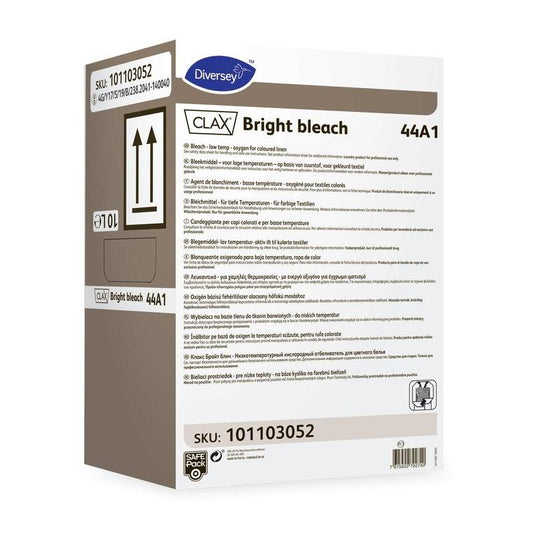 Un contenitore rettangolare recante la scritta «Clax Bright Bleach 44A1 Candeggina per capi colorati» della Diversey Deutschland GmbH & Co. OHG, con informazioni sul prodotto, istruzioni e avvertenze in diverse lingue. Efficace sui capi colorati e sulle macchie ostinate. Codice articolo: 101103052.