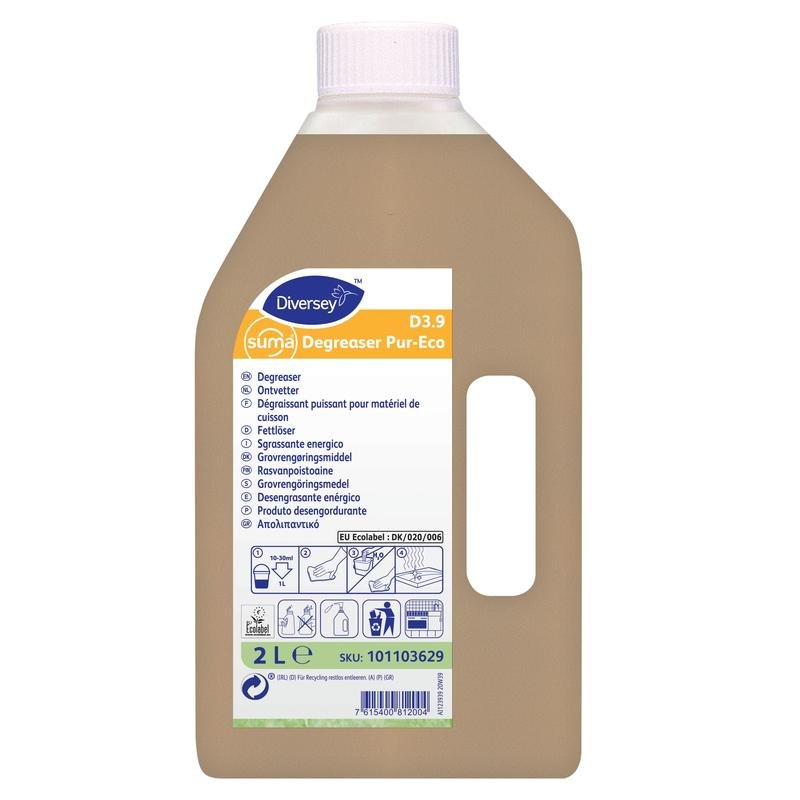 Una bottiglia da 2 litri di Suma Degreaser Pur-Eco D3.9 sgrassatore di Diversey Deutschland GmbH & Co. OHG, con liquido beige, pittogrammi ecologici, informazioni sul prodotto, istruzioni sull'etichetta e incluso il nebulizzatore.