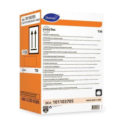 Una scatola rettangolare Diversey Suma Des T30, componente di candeggina di Diversey Deutschland GmbH & Co. OHG è prevalentemente bianca con accenti arancioni e blu, istruzioni multilingue e simboli di pericolo e spedizione sul davanti.