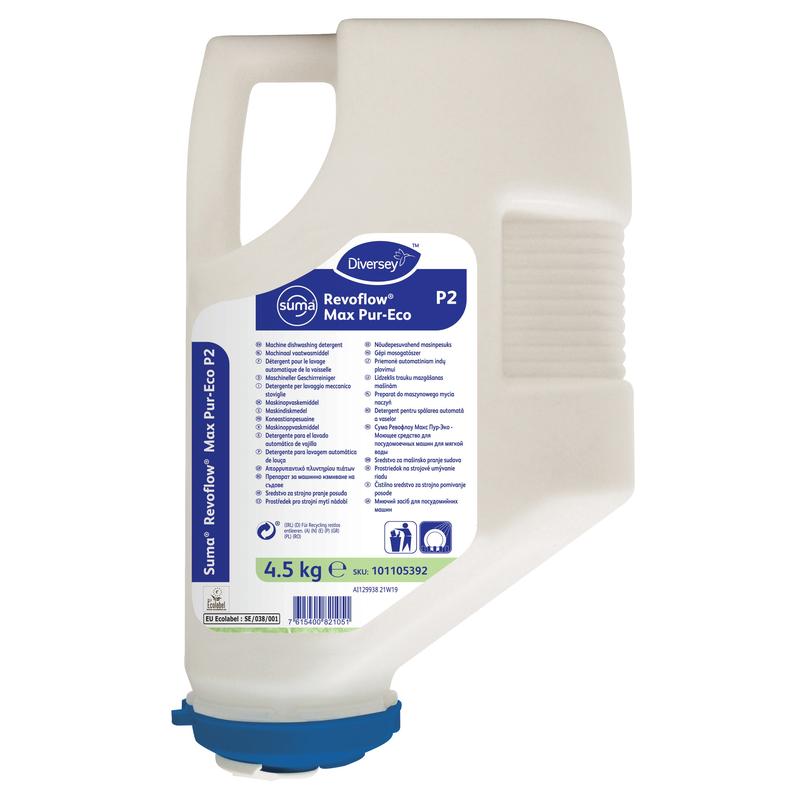 Una cartuccia da 4,5 kg di Suma Revoflow Max P-Eco P2 di Diversey Deutschland GmbH & Co. OHG, un detergente ecologico senza cloro per acqua da dolce a mediamente dura; in plastica bianca con etichetta e coperchio blu, più manico.