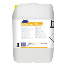 Un contenitore da 10 litri di Suma Floor Power D3.6, un detergente alcalino clorato per pavimenti di Diversey Deutschland GmbH & Co. OHG, con tappo giallo ed etichetta multilingue con istruzioni e simboli neri.