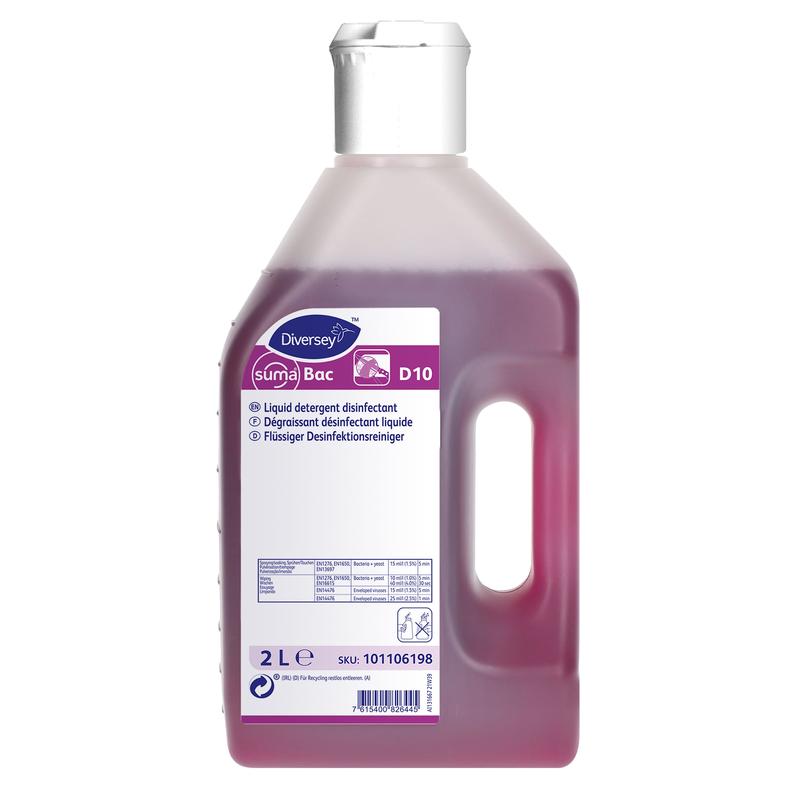 Una bottiglia da 2 litri di disinfettante Suma Bac D10 di Diversey Deutschland GmbH & Co. OHG con un liquido viola-rosso, un tappo bianco e un'etichetta bianco-viola con dettagli del prodotto.