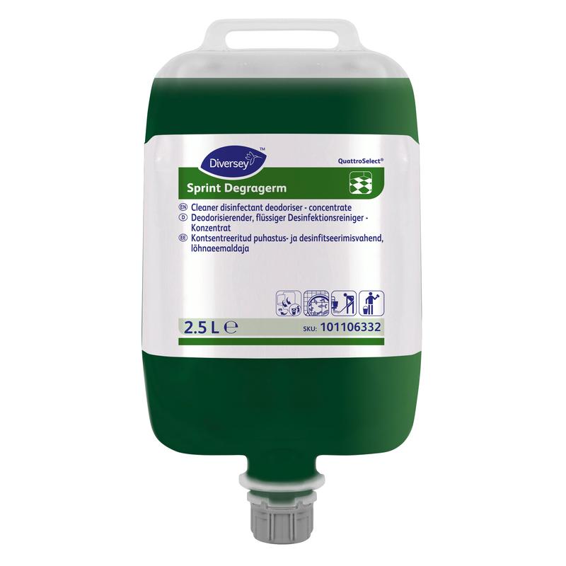 Una busta da 2,5L di Diversey Sprint Degragerm QS, detergente disinfettante e deodorante per pavimenti di Diversey Deutschland GmbH & Co. OHG, con etichetta verde/bianca e informazioni multilingue.