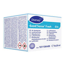 Eine Dose Good Sense Fresh Duftpatrone für das Good Sense Lufterfrischersystem (6 Stück) von Diversey Deutschland GmbH & Co. OHG, SKU 101106488, 6x20 ml, mit O.N.T.-Technologie für Fresh Scent und mehrsprachiger Beschriftung.