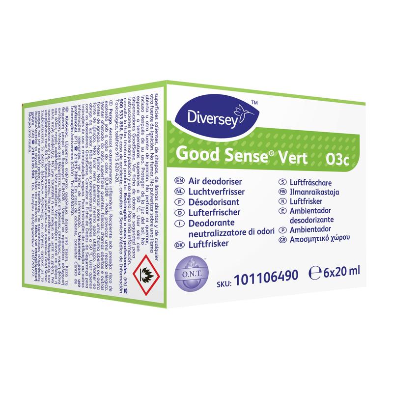 Eine Schachtel Good Sense Vert Duftpatronen (6 Stück) für das Good Sense Lufterfrischersystem von Diversey Deutschland GmbH & Co. OHG, mit mehrsprachiger Info, Gefahrensymbol und 6 x 20 ml Kartuschen pro Packung.