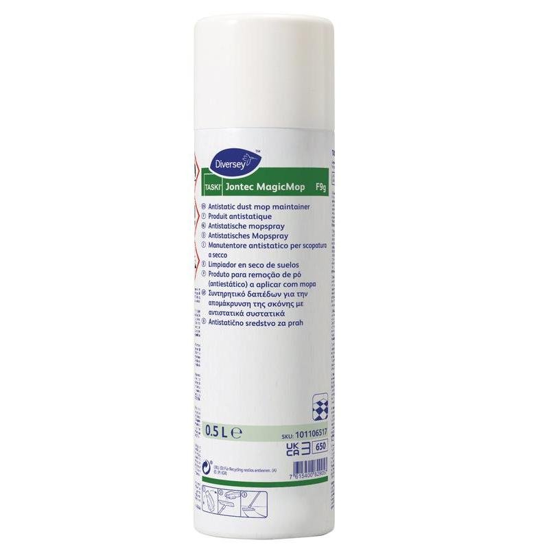 Una lattina bianca da 500 ml di Diversey Deutschland TASKI Jontec MagicMop, detergente antistatico a lunga durata, con istruzioni multilingue sull'etichetta per pavimenti igienicamente puliti.