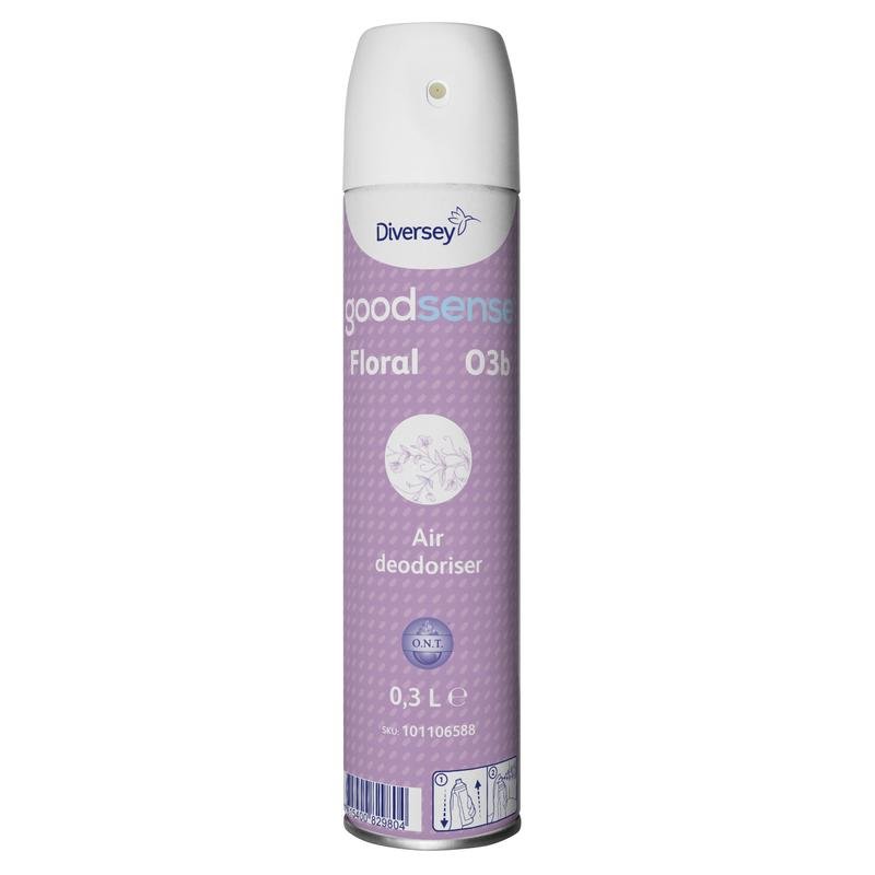 Una bomboletta da 300 ml di Good Sense Floral deodorante per ambienti e neutralizzatore di odori di Diversey Deutschland con etichetta viola e tappo bianco assicura un ambiente piacevole e fresco.