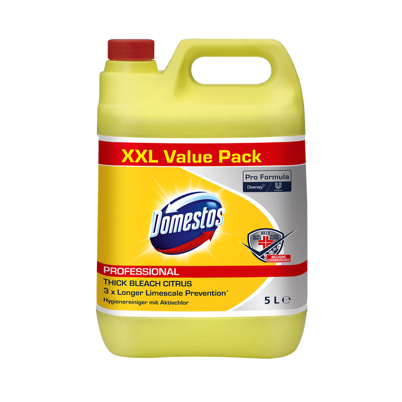 Ein 5-Liter-Kanister aus gelbem Kunststoff mit der Aufschrift „DOMESTOS Professional 5 L Kanister, Hygienereiniger mit Aktivchlor“ der Diversey Deutschland GmbH & Co. OHG, mit rotem Deckel und Produktbranding auf der Vorderseite.