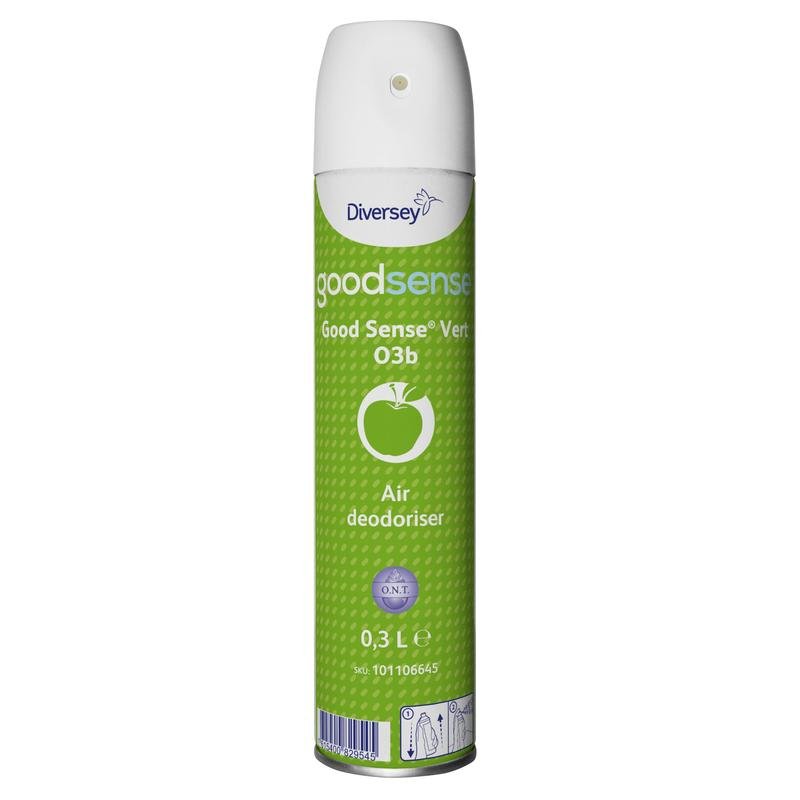 Una bomboletta da 300 ml di deodorante per ambienti e neutralizzatore di odori Diversey Good Sense Vert della Diversey Deutschland GmbH & Co. OHG, con etichetta verde con simbolo di mela, ugello spray bianco e informazioni sul prodotto stampate sul davanti.