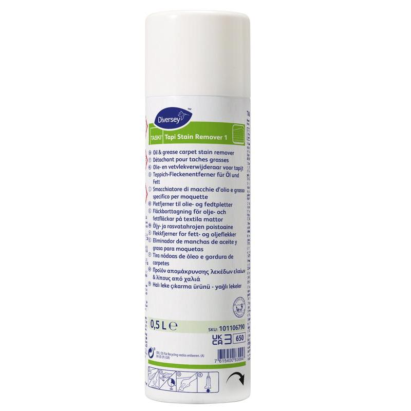 Una bomboletta aerosol bianca da 500 ml di TASKI Tapi Smacchiatore 1 di Diversey Deutschland GmbH & Co. OHG, uno smacchiatore altamente efficace per macchie solubili in solventi, con etichetta multilingue e tappo bianco.