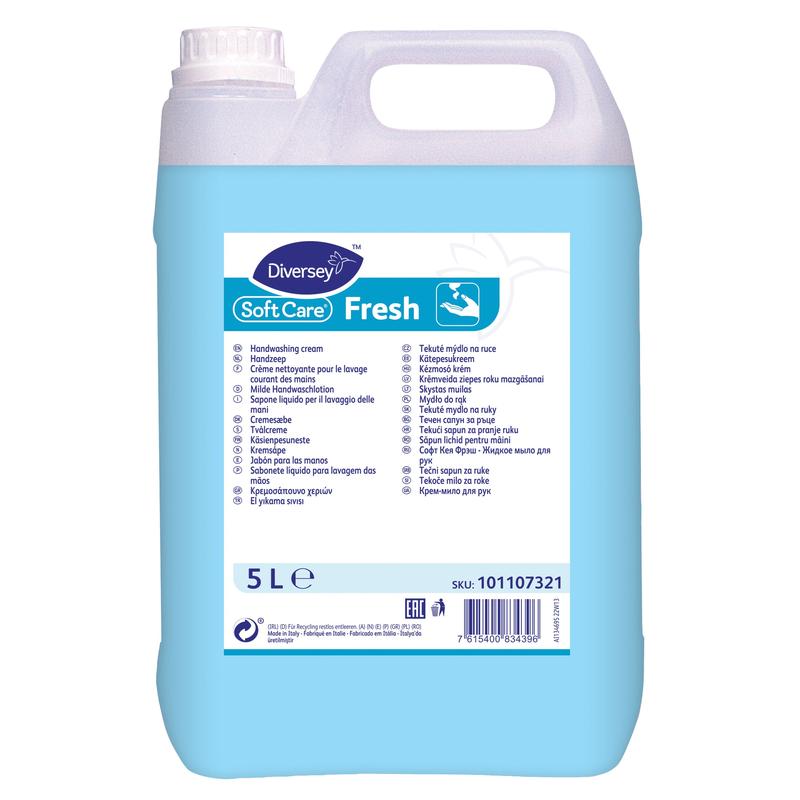 Un contenitore da 5 litri della lozione detergente delicata per le mani Diversey Soft Care Fresh di Diversey Deutschland GmbH & Co. OHG si distingue per un tappo bianco, liquido blu, pulizia delicata, profumo gradevole e informazioni sul prodotto multilingue sull'etichetta frontale.