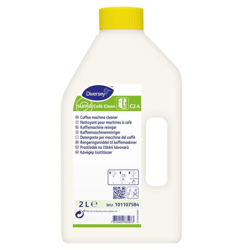 Una bottiglia di plastica bianca da 2 litri "Suma Café Clean C2.4, Detergente liquido per macchine da caffè, contenente cloro" della Diversey Deutschland GmbH & Co. OHG, con tappo giallo e etichetta multilingue per rimuovere i depositi di grasso e olio di caffè.