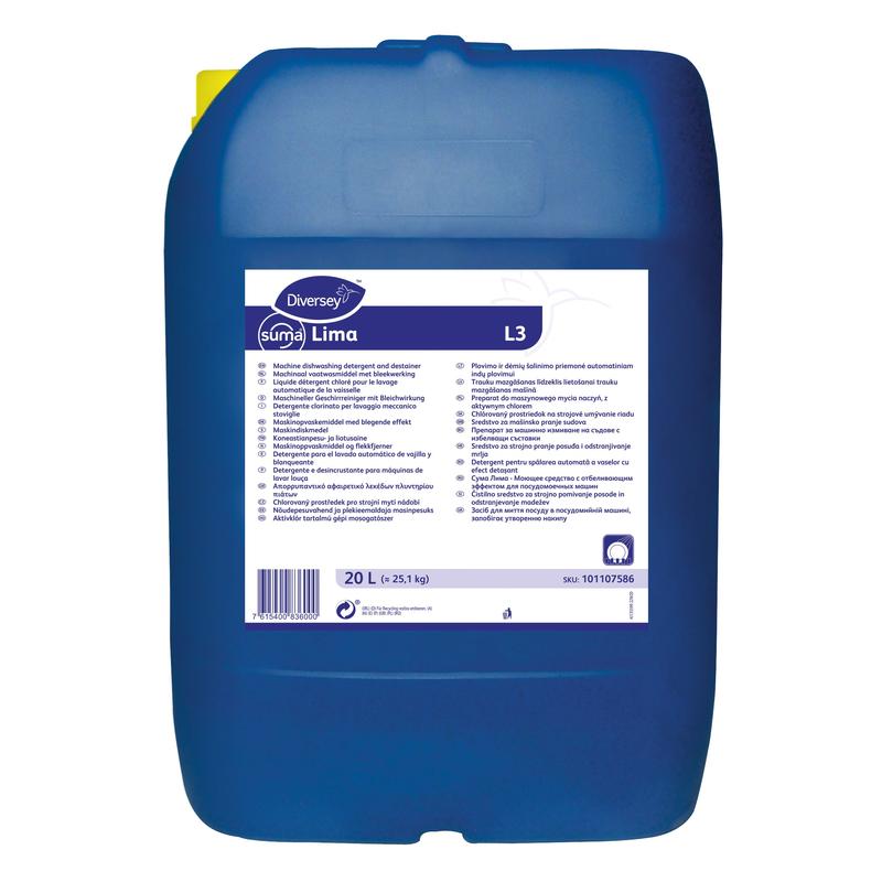 Un grande contenitore in plastica blu da 20 litri Diversey Suma Lima L3 detergente per stoviglie con candeggina (Diversey Deutschland GmbH & Co. OHG) con etichetta multilingue bianca e coperchio giallo, adatto per acqua da media a dura.