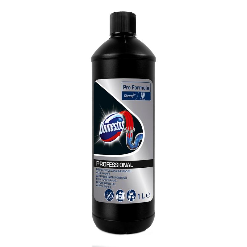 Una bottiglia nera da 1 litro di DOMESTOS Professional Gel di Potere per Scarichi di Diversey Deutschland GmbH & Co. OHG con etichetta blu-argento - ideale come potente detergente per scarichi (libero da tubi) per la rimozione efficace delle ostruzioni.