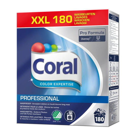 Una confezione di detersivo per bucato Coral Professional Color Expertise (180 lavaggi, 8 kg di polvere) prodotta da Diversey Deutschland GmbH & Co. OHG, con il marchio Pro Formula e un design blu, che garantisce la protezione dei colori e delle fibre per colori brillanti.