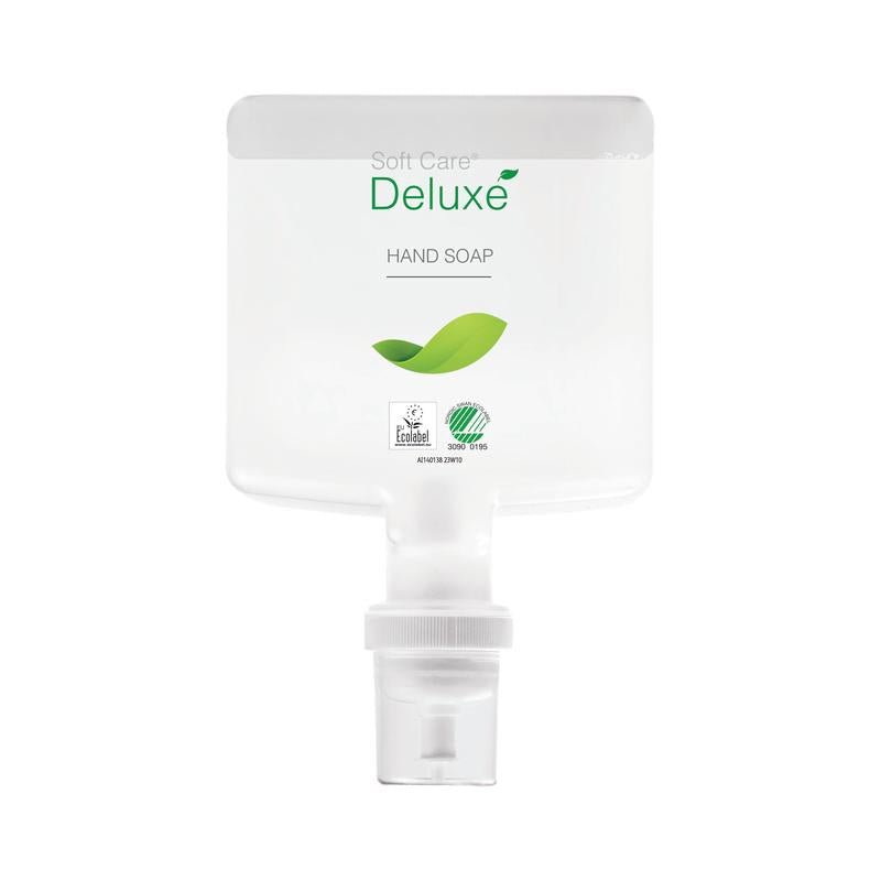 Una cartuccia da 1300 ml in plastica trasparente con sapone per le mani Soft Care Deluxe di Diversey Deutschland GmbH & Co. OHG, con grafica a foglia verde, etichetta ecologica e tappo dosatore bianco alla base.