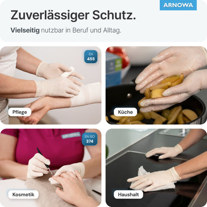 Quattro immagini mostrano persone che utilizzano guanti monouso in lattice ARNOMED LATEX PF senza polvere di ARNOWA GmbH per bendare un avambraccio, preparare patate, fare una manicure e pulire - dimostrando così la loro versatilità.