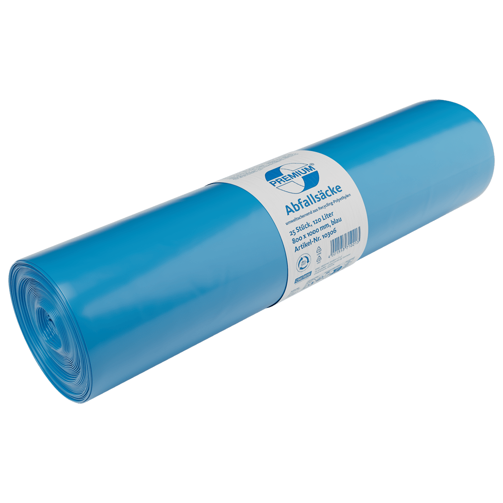 Un rotolo di sacchi per rifiuti DEISS 10306 (800x1000 mm, Tipo 70, blu, 25 pezzi) di EMIL DEISS KG (GmbH + Co.) con etichetta blu-bianca, ideale per lo smaltimento commerciale dei rifiuti, raffigurato su sfondo bianco.