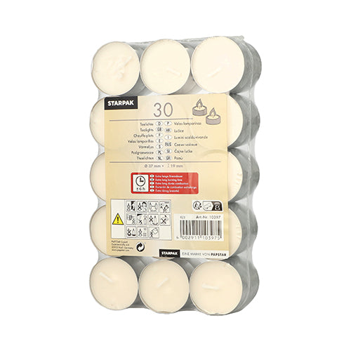 30 lumini bianchi di Starpak (Ø 37 mm, 19 mm, 6 h di durata), confezionati in pellicola termoretraibile in un pacchetto da 30. L'etichetta contiene informazioni sul prodotto, istruzioni per l'uso e simboli di avvertimento; I lumini sono disposti in tre file.