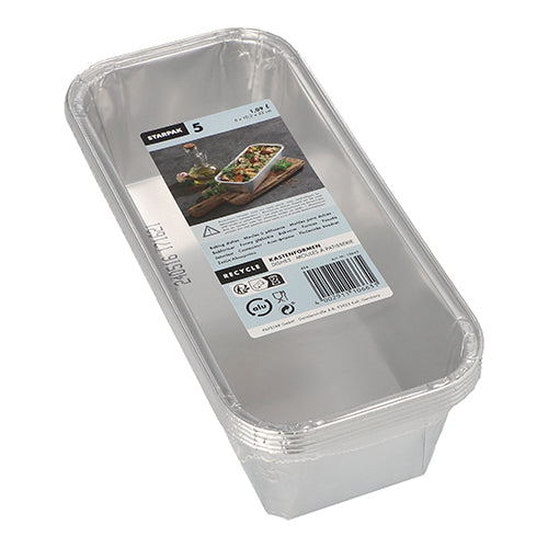 Starpak 5 stampi rettangolari, Alluminio-Rettangolare (1,09 l, 6x10,2x23 cm), sono stampi rettangolari in confezione trasparente termoretraibile. Ogni confezione contiene cinque stampi con informazioni sul prodotto e foto del cibo sul coperchio – perfetti per risultati di cottura.