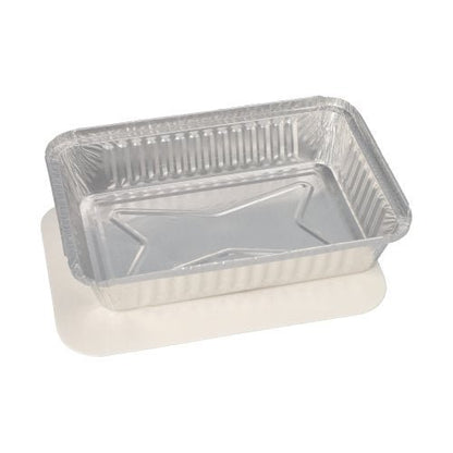 Le ciotole Starpak 5, Alu + coperchio interno, PE-rivestito rettangolare di Starpak dispongono di ciotole in alluminio rettangolari con lati scanalati e coperchi bianchi semplici rivestiti in PE - ideale per l'uso nella gastronomia.
