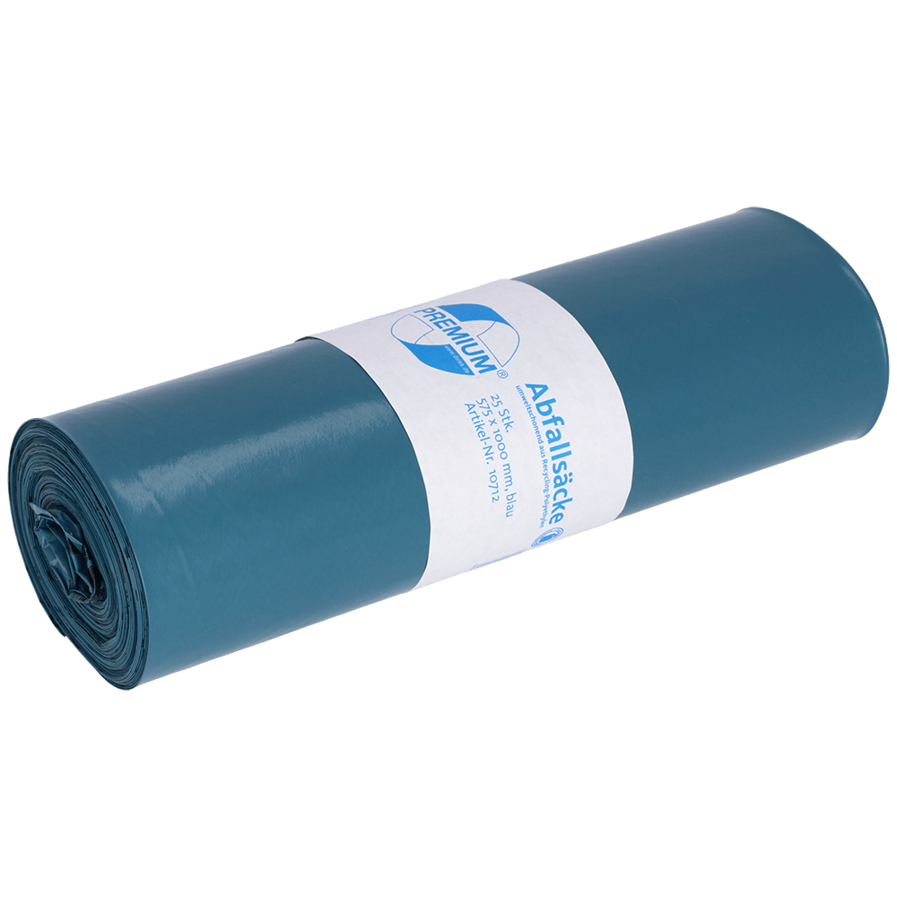 Un sacco della spazzatura DEISS blu arrotolato (70 l, 575x1000x0,06 mm, LDPE riciclato) della EMIL DEISS KG (GmbH + Co.) è dotato di un'etichetta bianca con logo su sfondo uniforme che sottolinea la sua facilità di smaltimento.