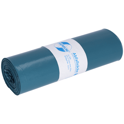 Un sacco della spazzatura DEISS blu arrotolato (70 l, 575x1000x0,06 mm, LDPE riciclato) della EMIL DEISS KG (GmbH + Co.) è dotato di un'etichetta bianca con logo su sfondo uniforme che sottolinea la sua facilità di smaltimento.