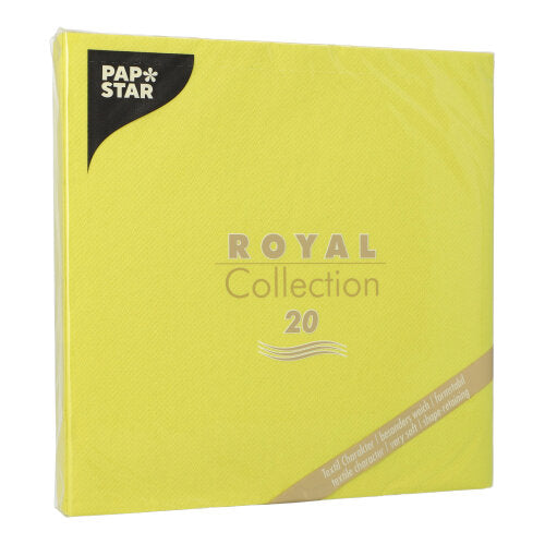 Ein 20er-Pack gelbe PAPSTAR Servietten "ROYAL Collection" (1/4-Falz, 40x40 cm) aus FSC-zertifiziertem Material in einer Kunststoffverpackung mit eleganter gold-silberner Schrift. Marke: PAPSTAR GmbH.