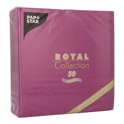 Una confezione da 50 PAPSTAR tovaglioli "ROYAL Collection" piega 1/4 40 x 40 cm in lilla di PAPSTAR GmbH. La confezione ha scritte dorate e bianche e un'etichetta triangolare nera nell'angolo superiore sinistro.