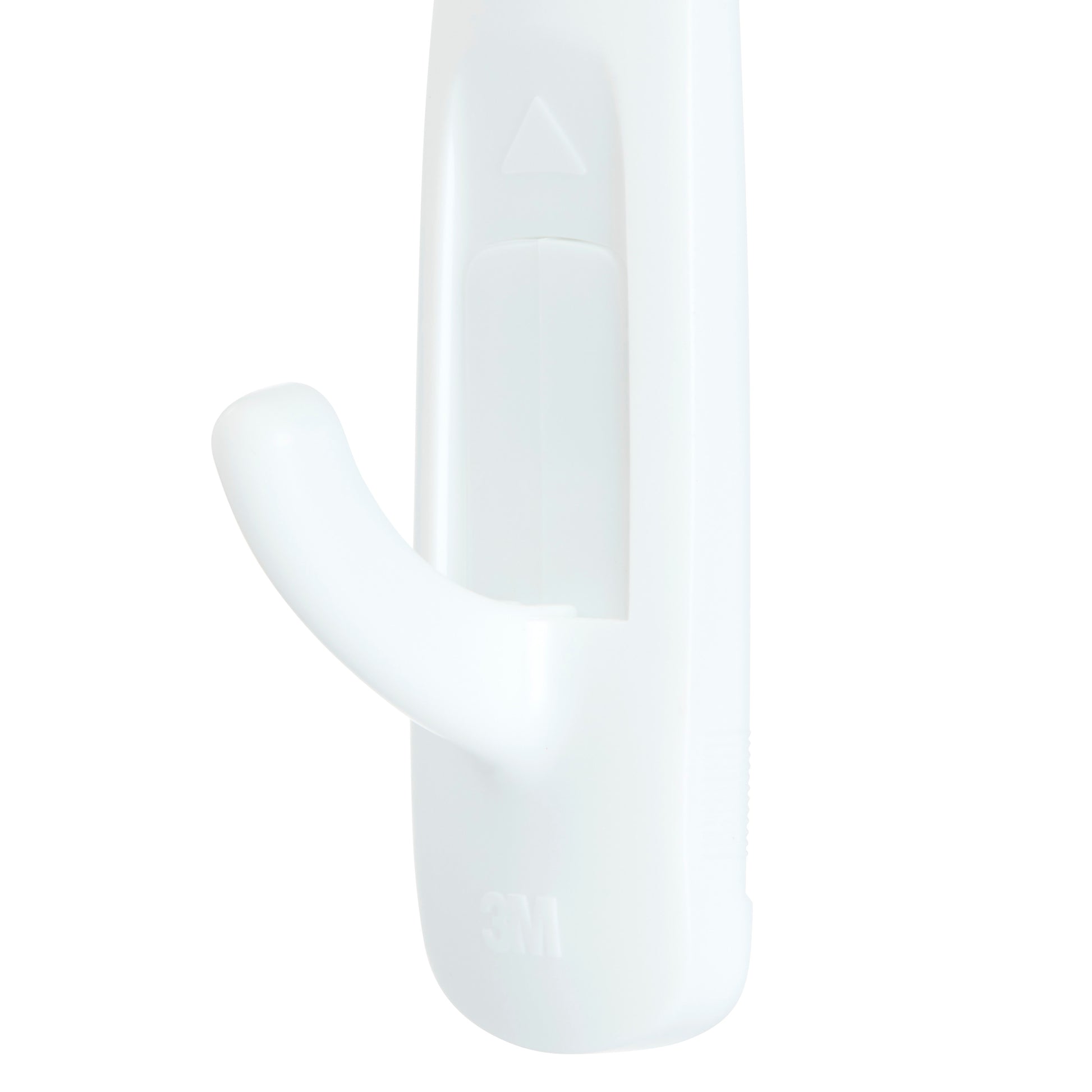 Nahaufnahme eines Mittelgroße Command™ Mehrzweckhaken M von 3M Deutschland GmbH, 17001-2, mit weißem Kunststoff, gebogenem Arm und Kleberückseite, sowie 3M Logo nahe dem unteren Rand.