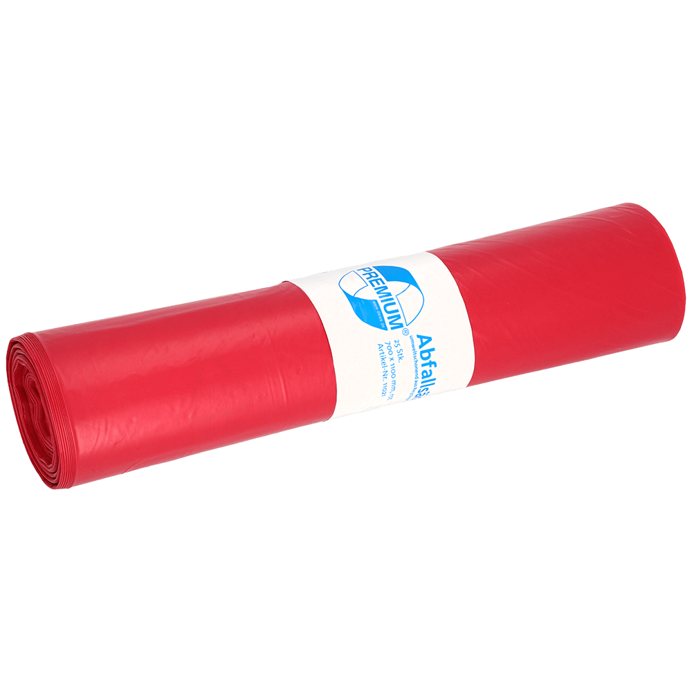 Nell'immagine è raffigurato un rotolo di sacchi per rifiuti EMIL DEISS KG (GmbH + Co.) DEISS 11021 - 700x1100 mm Tipo 60 rosso (25 pezzi) con etichetta bianco-blu su sfondo bianco monocromatico.