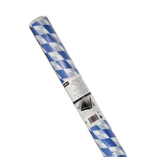 Un rotolo di tovaglia Starpak, pellicola da 20 m x 1 m “Bayrisch Blau” con motivo a rombi blu e bianchi; raffigurata di sbieco, l’etichetta è visibile in basso. Marca: Starpak.