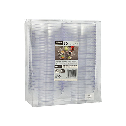 Il set di ciotole per fingerfood Starpak 50 include bicchieri monouso trasparenti in PS in una confezione di plastica trasparente con un'etichetta con il marchio, il simbolo del riciclo e immagini di bevande e snack - ideale per eventi.