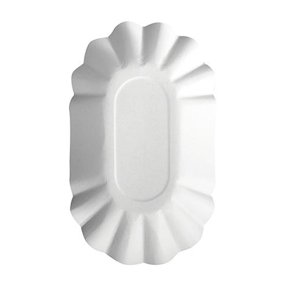 Il piatto ovale bianco monouso "pure" della PAPSTAR GmbH (PAPSTAR 250 ciotole) è certificato FSC, ha un bordo ondulato ed è raffigurato dall'alto su uno sfondo a tinta unita.
