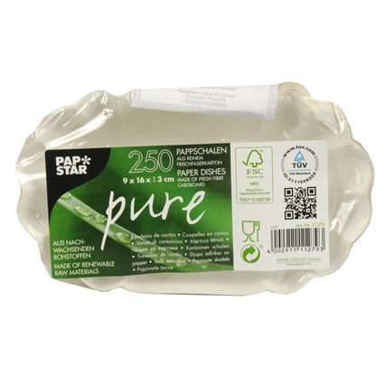 Una confezione con 250 PAPSTAR ciotole, cartone "pure" ovale bianco di PAPSTAR GmbH - realizzata in cartone di fibra vergine e materiale sostenibile certificato FSC, dimensioni 9 x 16 x 3 cm.