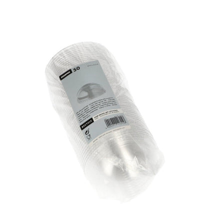 Un pacchetto con 50 coperchi a cupola Starpak "Hurricane" in PET (trasparente, rotondo, Ø 9,5 cm, senza foro) è fornito in un imballaggio trasparente con un'etichetta bianco-grigia su cui sono visualizzate le informazioni sul prodotto, il codice a barre e il marchio Starpak per una chiusura sicura.