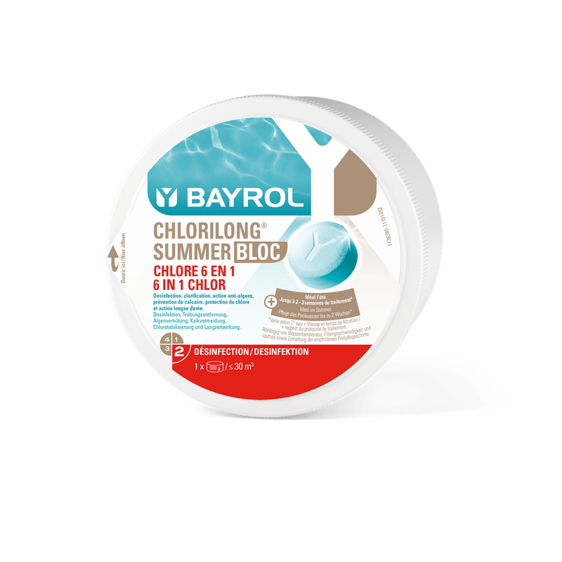 BAYROL Chlorilong Summer Bloc 0,5 kg Cura della piscina 6in1 per acqua cristallina