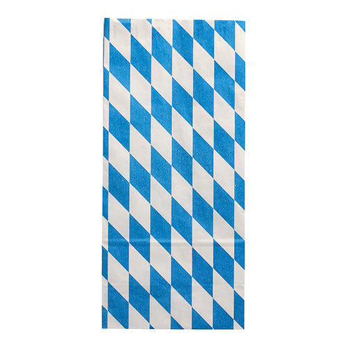 Der Starpak 100 Hähnchenbeutel ist ein rechteckiger Beutel aus Papier mit Aluminiumfutter, der ein diagonales Rautenmuster in abwechselnden Reihen in Blau und Weiß aufweist und aus umweltfreundlichen Materialien hergestellt ist.