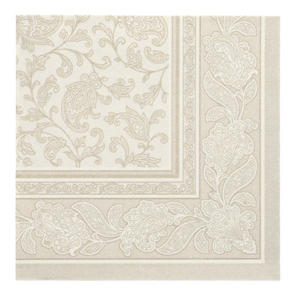 Die quadratische Serviette PAPSTAR 50 Servietten "ROYAL Collection" (40 x 40 cm, champagner) der PAPSTAR GmbH zeichnet sich durch eine elegante Paisley- und Blumenbordüre mit heller Mitte und detailliertem Design aus.