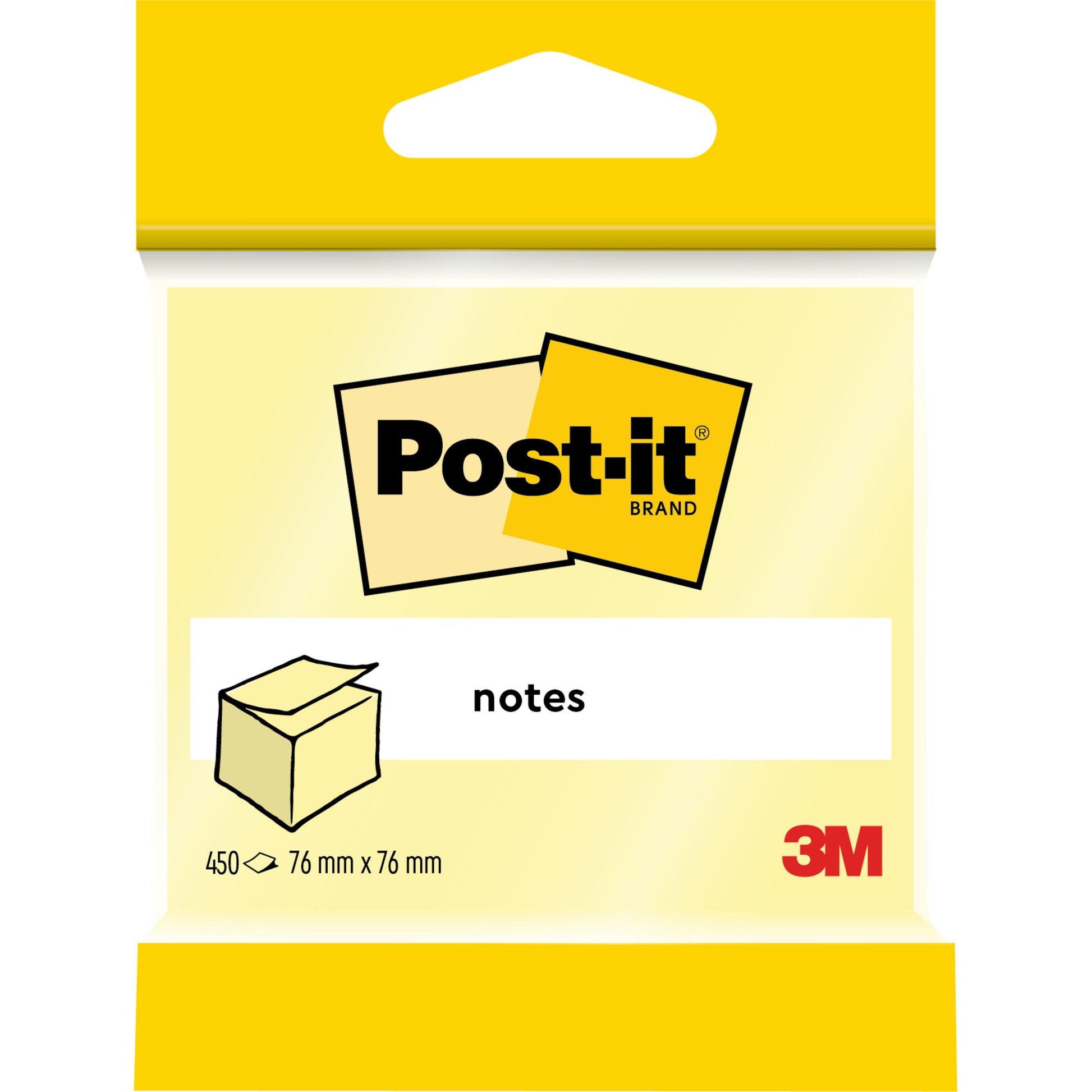 Eine Packung Post-it® Notes Würfel in gelb, 76x76 mm, 450 Blatt pro Block, Einzelverpackung, mit Post-it Logo und 3M Deutschland GmbH Branding auf der Vorderseite. PEFC-zertifiziert (SGSCH-PEFC-COC-110078).