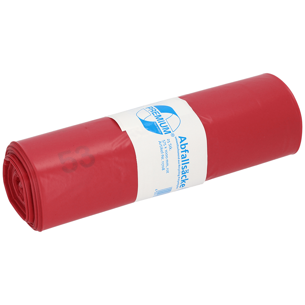 Un rotolo di sacchi della spazzatura DEISS 575x1000x0,06 mm in LDPE riciclato 70 l di EMIL DEISS KG (GmbH + Co.) in rosso, confezionato in un'etichetta bianca con testo e grafica blu, raffigurato su uno sfondo bianco semplice.