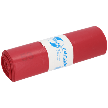 Un rotolo di sacchi della spazzatura DEISS 575x1000x0,06 mm in LDPE riciclato 70 l di EMIL DEISS KG (GmbH + Co.) in rosso, confezionato in un'etichetta bianca con testo e grafica blu, raffigurato su uno sfondo bianco semplice.