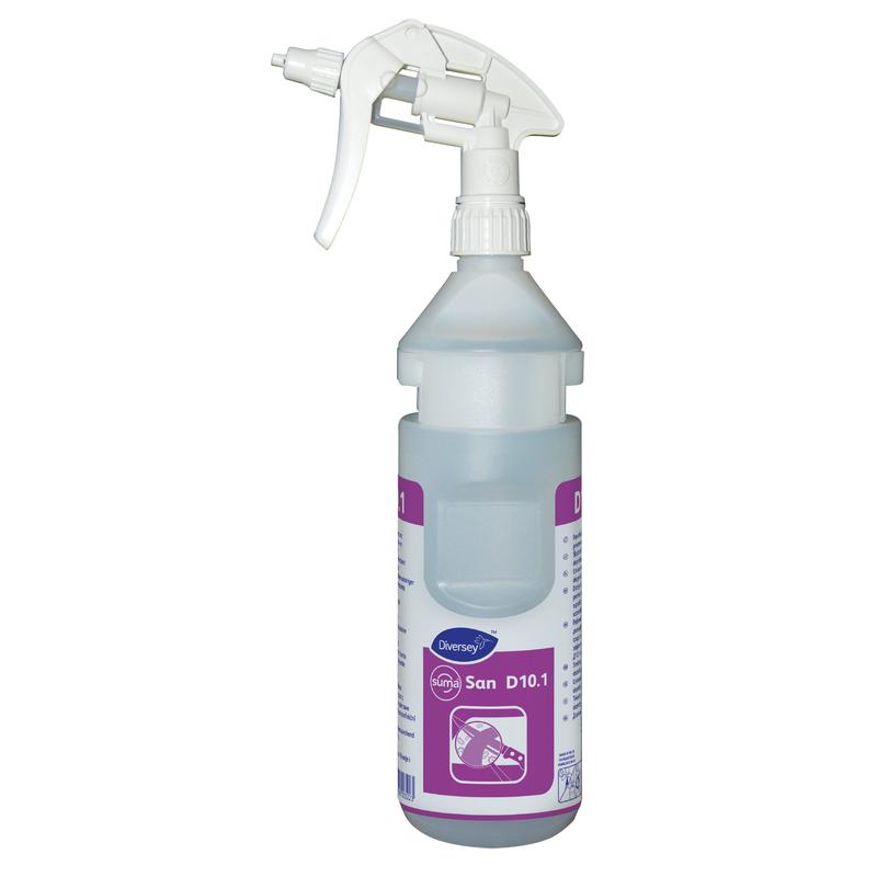 Una bottiglia spray da 0,75L in plastica trasparente con l'etichetta "Flaschenkit Suma San-conc D10.1 conc" di Diversey Deutschland GmbH & Co. OHG, inclusa fascia dosatrice e adatta per Divermite & DQFM, progettata per l'uso professionale di ricarica.