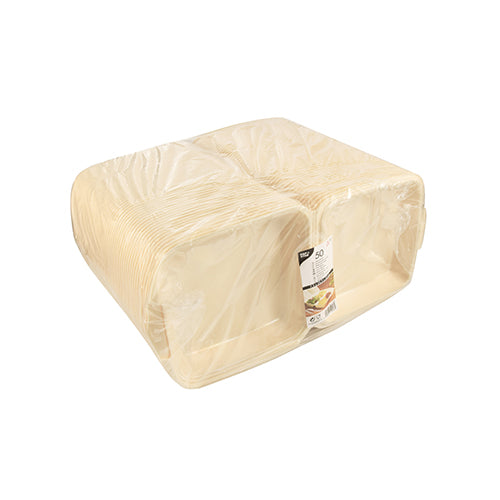 Una pila di scatole Starpak 50 con coperchio a ribalta, XPS beige laminato, ideale per l'imballaggio di cibo, confezionata in plastica trasparente con un'etichetta del prodotto Starpak sul davanti.