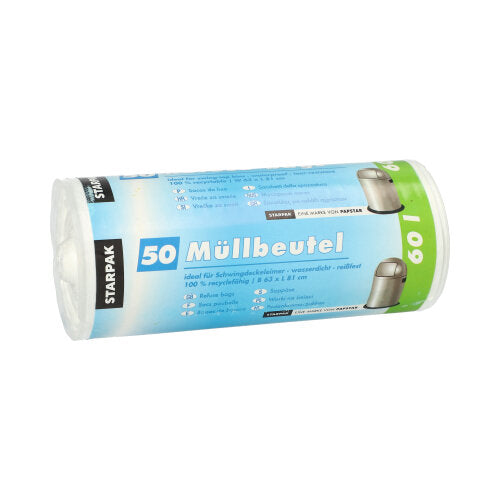 Un rotolo con 50 sacchi per rifiuti Starpak, sacchetti HDPE bianchi (60 l, 81 x 63 cm), con etichettatura in tedesco e confezionati in un involucro con logo Starpak.